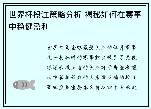 世界杯投注策略分析 揭秘如何在赛事中稳健盈利 世界杯投注策略分析 揭秘如何在赛事中稳健盈利